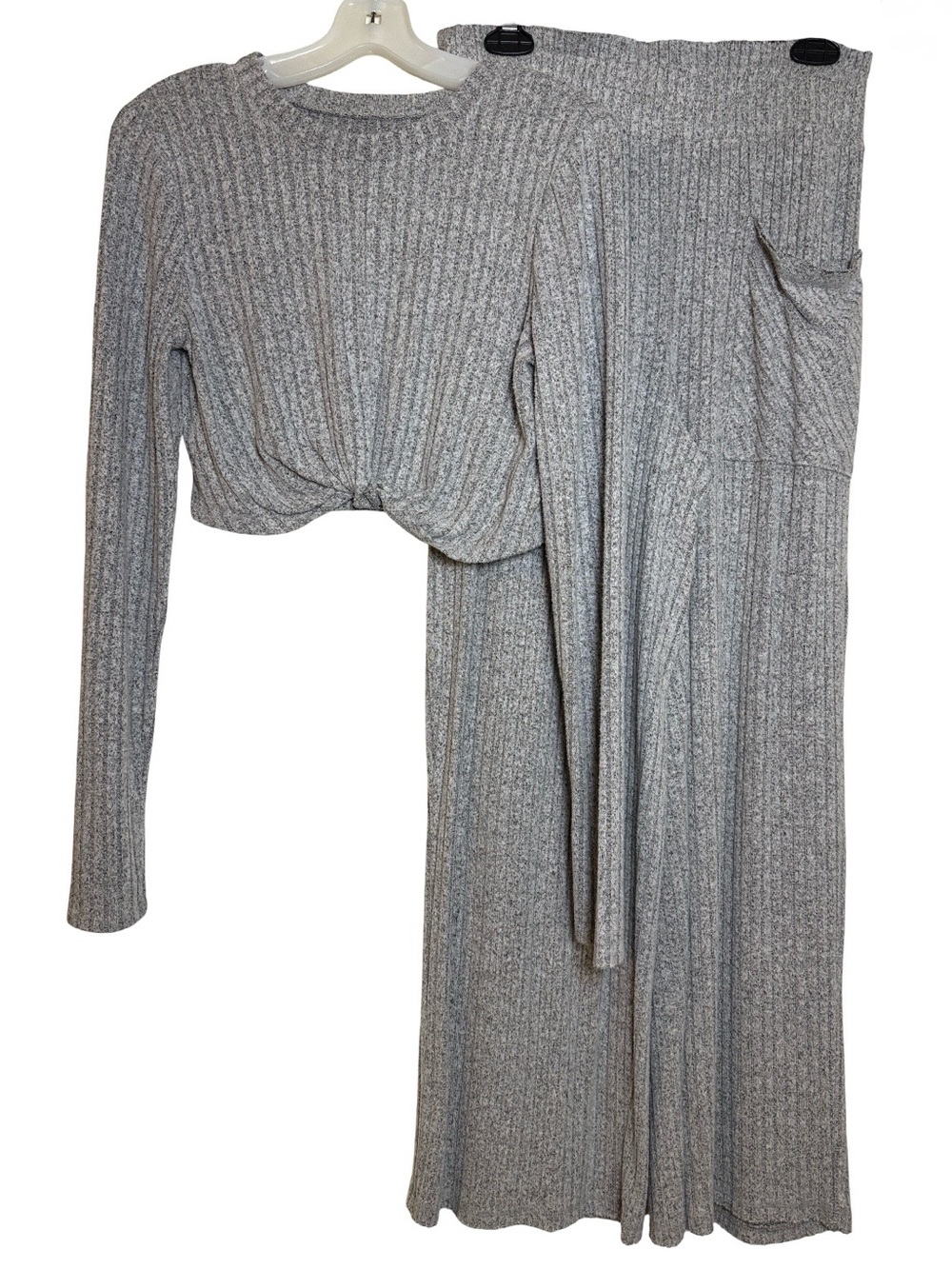 So Gray Ribbed Crop Top & Matching Wide Leg Pants 2 Piece Set Ladies Large